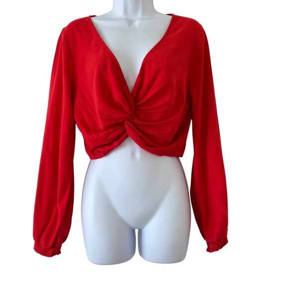 Urban Outfitters Red Long Sleeve Twist Front Crop Top Womens Medium Boho Cottage - Picture 1 of 13